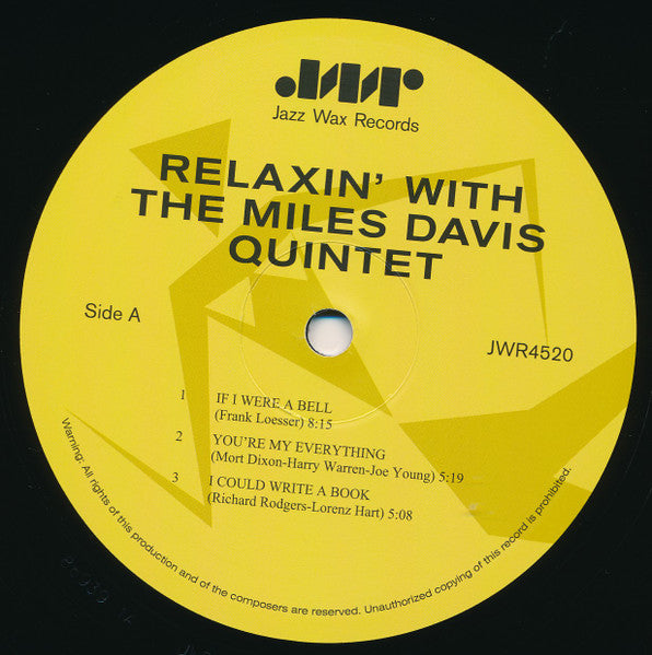 Image of Label Cover of LP - NEW/NEW - THE MILES DAVIS QUINTET, Relaxin' With The Miles Davis Quintet (Jazz Wax Records; JWR 4520, Europe 2010 Reissue, 180 Gram Vinyl), , - 2416263C