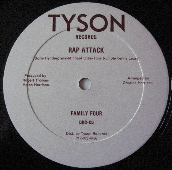 Image of Label Cover of 12" - /VG - FAMILY FOUR, Rap Attack (Tyson Records; 001, US 1980, Plain Maroon Card Sleeve, Plays the same on both sides.), light groove wear one side otherwise strong VG. original maroon hard-card sleeve w/ stickers attached, - 4246032S