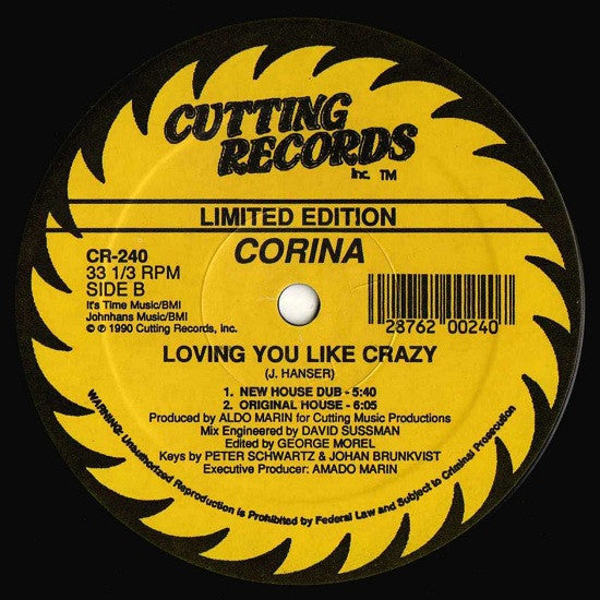 Image of Back Cover of 12" - VG+/VG - CORINA, Loving You Like Crazy (Cutting Records; CR-240, US 1990, Company Sleeve, Limited Edition), light marks only. original company sleeve - opened shrink, - 2846227S