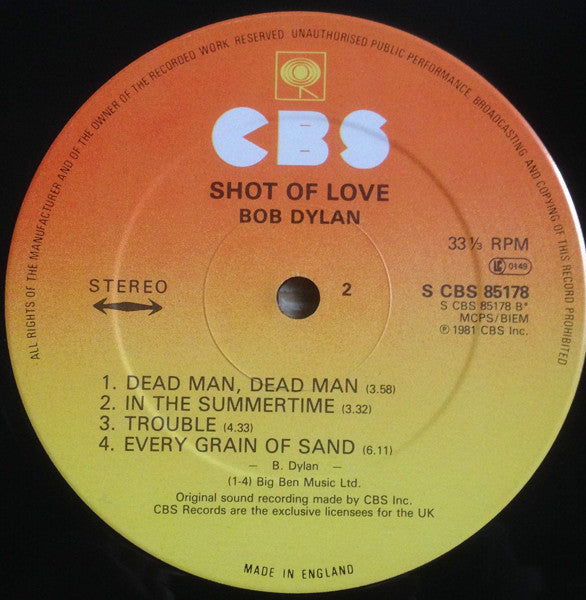 Image of Label Cover of LP - VG/VG+ - BOB DYLAN, Shot Of Love (CBS Sunburst; 85178, UK 1981, Inner), A few light hairlines only. Gold promo stamp on rear., - 0726335E