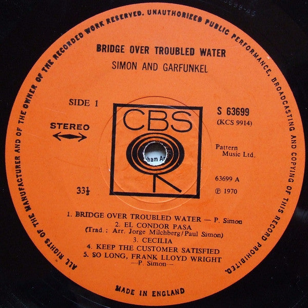 Image of Label Cover of LP - VG/VG - SIMON AND GARFUNKEL, Bridge Over Troubled Water (CBS Orange (33 1/3 On Label); 63699, UK 1970, Laminated Front Sleeve), , - 2746228S