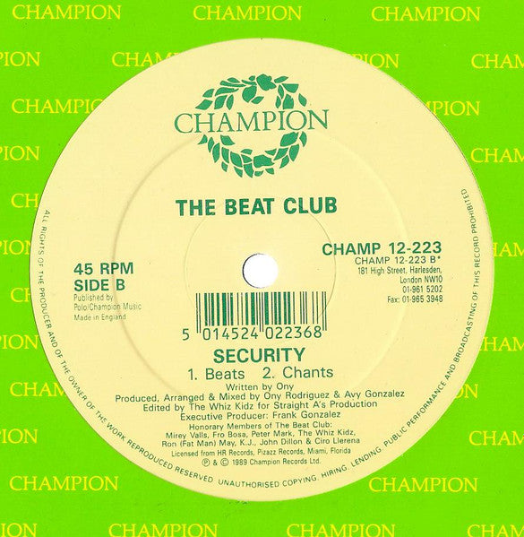 Image of Back Cover of 12" - VG+/VG - THE BEAT CLUB, Security (Champion ; CHAMP 12-223, UK 1989, Company Sleeve), light marks only. original company sleeve, - 4246054S