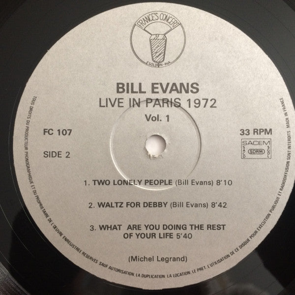 Image of Label Cover of LP - VG/VG+ - BILL EVANS, Live In Paris 1972 Vol. 1 (France's Concert; FC 107, France 1988, Picture Sleeve, Recorded on February 6, 1972 at the Maison de la Radio, Paris.), , - 3226014E