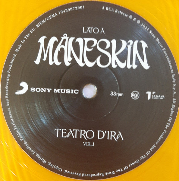 Image of Label Cover of LP - VG+/VG+ - MANESKIN, Teatro D'Ira - Vol.I (Sony Music; 19439872901, Europe 2021, Inner, Light Transparent Orange Vinyl), Still In Opened Shrinkwrap, - 1746020S