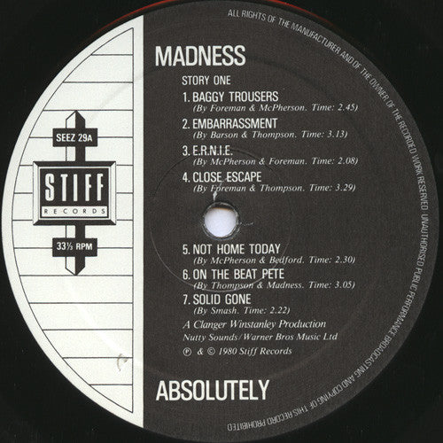 Image of Label Cover of LP - VG/VG - MADNESS, Absolutely (Stiff Records; SEEZ 29, UK 1980, Inner, 'Made In Germany' Runout, No 'Made In England' Bottom Of Labels), Light marks, edge wear, - 4146178S
