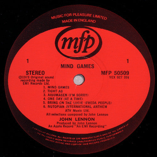 Image of Label Cover of LP - VG/VG+ - JOHN LENNON, Mind Games (Music For Pleasure; MFP 50509, UK 1980 Reissue, Company Inner), Light foxing to rear sleeve, - 3916065C