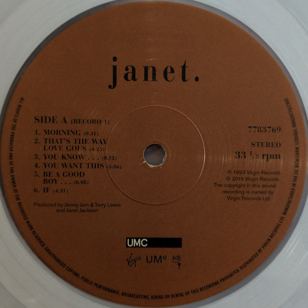 Image of Label Cover of 2xLP - VG+/VG+ - JANET JACKSON, Janet. (UMC; 00602577837692, UK & Europe 2019 Reissue, Gatefold, 180 Gram Clear Vinyl), , - 2746182S