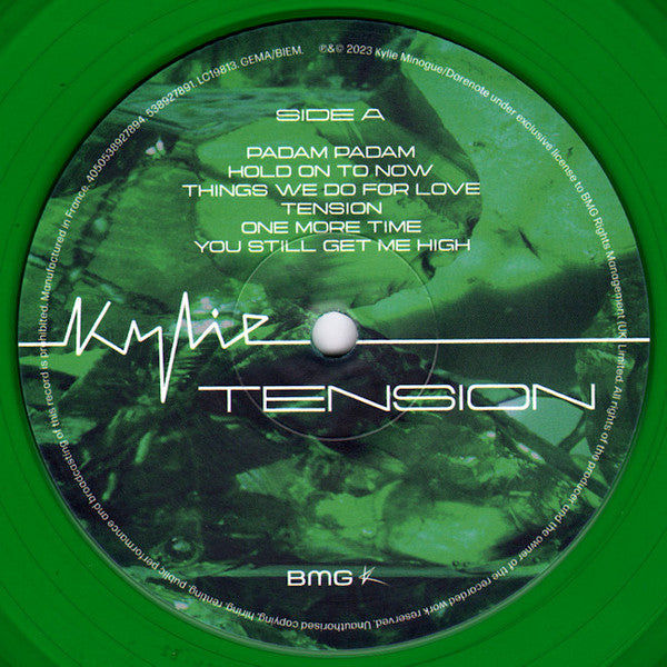 Image of Label Cover of 0125063E: LP - KYLIE, Tension (BMG; 538927891, Worldwide 2023, Inner & Insert, Green Transparent Vinyl) Hype Sticker on Front Sleeve EX/VG+
