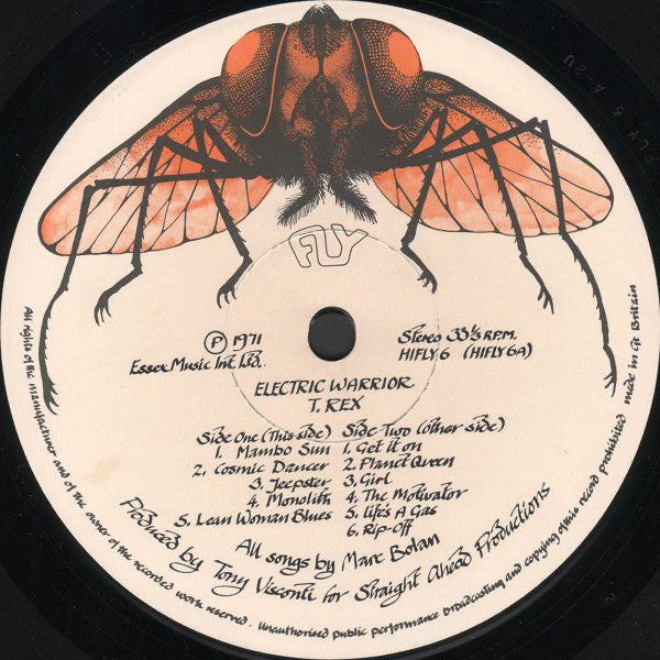 Image of Label Cover of LP - VG/G+ - T. REX, Electric Warrior (Fly; HIFLY6, UK 1971, E.J. Day Sleeve, Inner, No Poster), Disc warped but does not affect play. Hairlines and surface marks. Seam split to inner. Edge and ring wear, creasing., - 3426148E