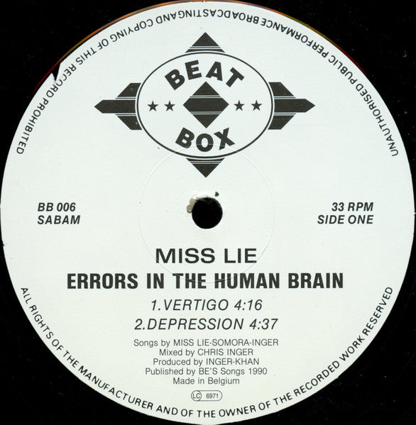 Image of Label Cover of 12" - VG/VG - MISS LIE, Errors In The Human Brain (Beat Box; BB 006, Belgium 1990, Picture Sleeve), strong VG. sticker front sleeve - v. minor, - 2446061S
