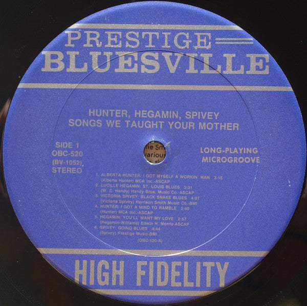 Image of Label Cover of LP - VG+/VG+ - ALBERTA HUNTER & LUCILLE HEGAMIN & VICTORIA SPIVEY, Songs We Taught Your Mother (Original Blues Classics; OBC-520, US 1987), , - 3016211C