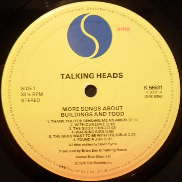 Image of Label Cover of LP - VG/G - TALKING HEADS, More Songs About Buildings And Food (Sire; K 56531, UK 1978, Inner, Title on front Cover), Light marks only, - 3716376C