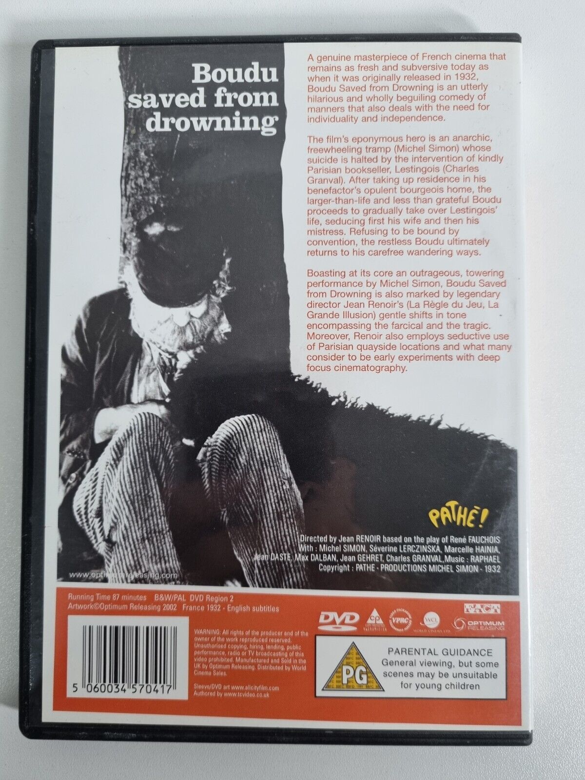 Image of Back Cover of 1734006E: DVD - JEAN RENOIR, Boudu Saved From Drowning (Optimum Releasing; OPTD0021, UK 2003) VG+/VG+