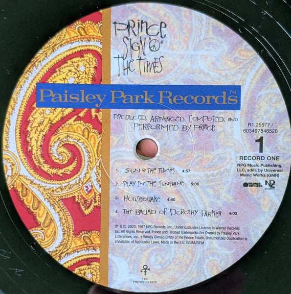 Image of Label Cover of 4745001S: 2xLP - PRINCE, Sign "O" The Times (Warner Records; 603497846528, USA & Europe 2020 Reissue, Spot Varnished Sleeve, 2 Inners, 180 Gram Vinyl) Scuffs, corner crease, slight crinkle to inners VG/VG