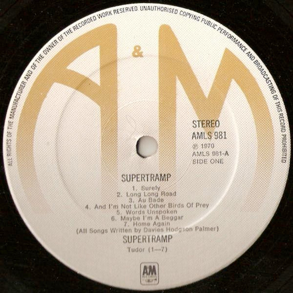 Image of Label Cover of LP - VG/VG+ - SUPERTRAMP, Supertramp (A&M Silver and Brown Label; AMLS981, UK 1974 Reissue, Laminated Sleeve), Spine Wear, - 1826177E