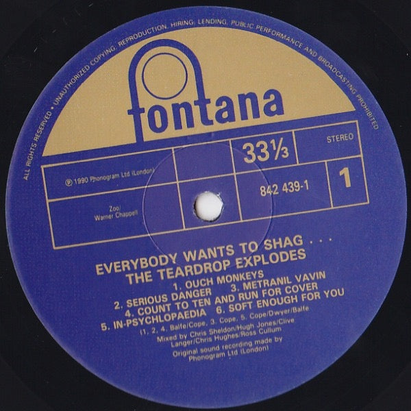 Image of Label Cover of LP - VG/G - THE TEARDROP EXPLODES, Everybody Wants To Shag...The Teardrop Explodes (Fontana; 842 439-1, UK 1990, Inner), Hairline marks , - 2216075C