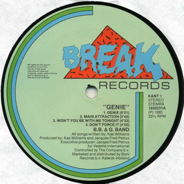 Image of Label Cover of LP - VG/VG - B.B. & Q. BAND, Genie (Break Records ; 1850331, Netherlands 1985), Edge Wear, Creased Sleeve, - 2446214S
