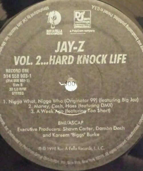 Image of Label Cover of 2xLP - G+/VG - JAY-Z, Vol. 2 Hard Knock Life (Rocafella; 3145589021, US 1998, Picture Sleeve, 2 Inners), Discs on lower end of VG but sound better than they look, plays well with some background surface noise. Inners are creased and sleeve has edge wear, still in partial shrink with hype sticker., - 4326184E
