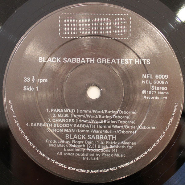 Image of Label Cover of LP - VG/VG - BLACK SABBATH, Greatest Hits (Nems; NEL 6009, UK 1977, Printed and made by Almere Printing bv, Holland.), A1/B1 matrix with Utopia symbol in runouts. , - 2326237E
