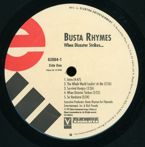 Image of Label Cover of 4915008C: 2xLP - BUSTA RHYMES, When Disaster Strikes... (Elektra; 62064-1, US 1997, Picture Sleeve, Insert) Lots of light marks and hairlines across both discs. Indented scratches on the front of sleeve, light creasing at each corner of sleeve. G+/G+