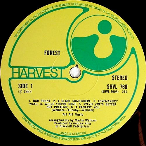 Image of Back Cover of LP - VG/VG - FOREST, Forest (Harvest; SHVL 760, UK 1969, Gatefold, Company Inner), Play tested instore and has a few audible pops. Light marks from storage in a polylined sleeve. Edge wear. Faint ring wear. Staining inside gatefold., - 0746287S