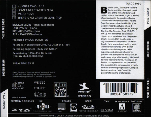Image of Back Cover of CD - VG+/VG+ - BOOKER ERVIN, The Space Book (Original Jazz Classics; OJCCD-896-2, Europe 1996, Jewel Case), , - 3056008S