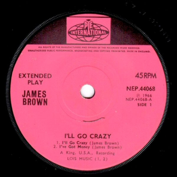 Image of Label Cover of 7" EP - VG/G+ - JAMES BROWN, I'll Go Crazy (Pye International; NEP 44068, UK 1966, Flipback Sleeve), Marks on vinyl. Plays above grade. Light ringwear., - 1926139E