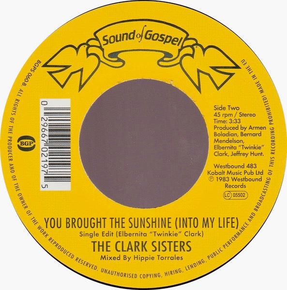 Image of Back Cover of 7" - /EX - THE CLARK SISTERS, Everything Is Gonna Be Alright / You Brought The Sunshine (Into My Life) (BGP Records; BGPS 060, UK 2019), , - 3356027S