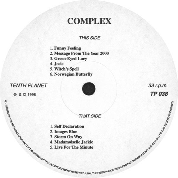 Image of Label Cover of LP - VG/VG - COMPLEX, Complex (Tenth Planet; TP038, UK 1998 Reissue, Limited Edition of 1,000), Strong VG Throughout, No.941, - 1716627C