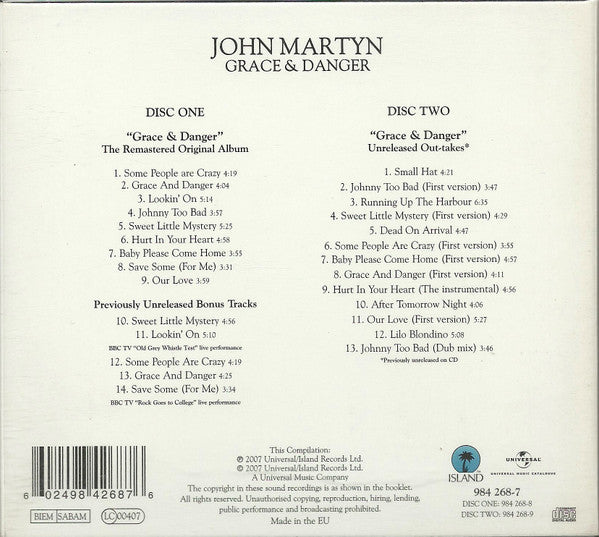 Image of Back Cover of 2xCD - VG+/VG+ - JOHN MARTYN, Grace & Danger (Island Records; 984 268-7, UK & Europe 2007, Slipcase, Booklet, Deluxe Edition), , - 2836033E