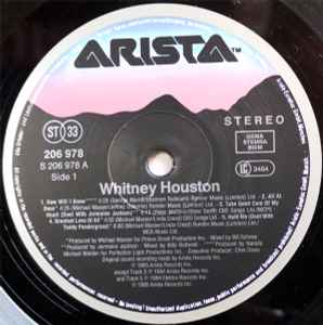 Image of Label Cover of LP - VG/G+ - WHITNEY HOUSTON, Whitney Houston (Arista; 206 978, Europe 1985, Bass Clef Embossed on Side B), , - 3816319C