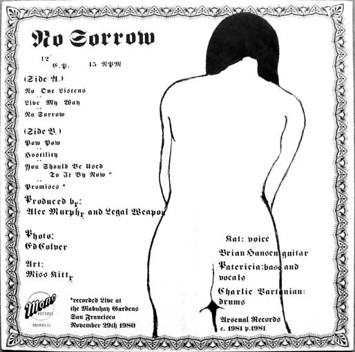 Image of Back Cover of 2454003S: 12" EP - LEGAL WEAPON, No Sorrow (Mono Records; MONO - 11, US 2024 Reissue, Booklet, Stickered Outer Plastic Sleeve, Limited to 500, Bonus Tracks) NEW/NEW