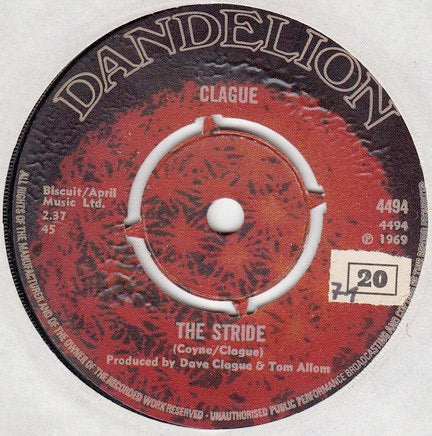 Image of Front Cover of 3815226C: 7" - CLAGUE (KEVIN COYNE), The Stride / I Wonder Where (Dandelion Records; 4494, UK 1969, Plain Sleeve) /VG