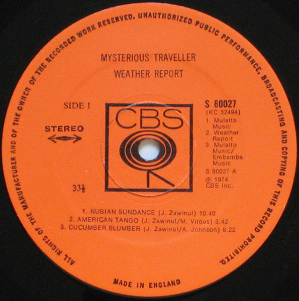 Image of Label Cover of LP - VG/G+ - WEATHER REPORT, Mysterious Traveller (CBS; 80027, UK 1974), Light Marks only., - 3016015C