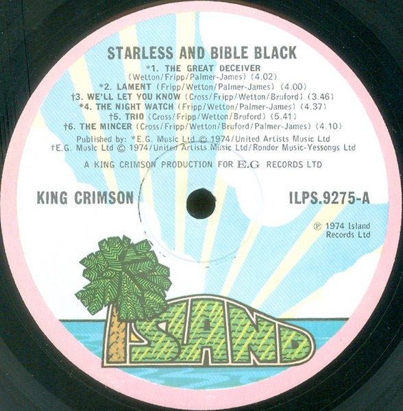 Image of Label Cover of 4545333S: LP - KING CRIMSON, Starless And Bible Black (Island Records; ILPS 9275, UK 1974, Gatefold, S.D./Sean + Ray Matrix Variant) VG/G+