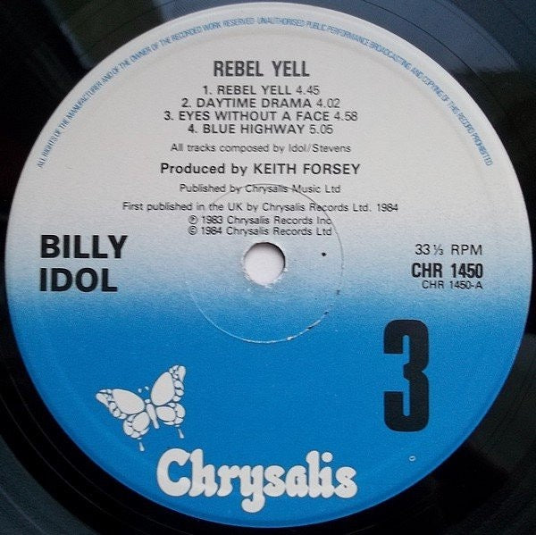 Image of Label Cover of LP - VG/VG+ - BILLY IDOL, Rebel Yell (Chrysalis Blue/White; CHR 1450, UK 1984, Inner), Edge Wear, Sticker Damage, - 3446336S