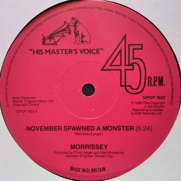 Image of Label Cover of 12" - VG/VG+ - MORRISSEY, November Spawned A Monster (His Master's Voice; 12POP 1623, UK 1990, Picture Sleeve), Light sticker mark on sleeve front. Sleeve has light water damage. , - 2426236E