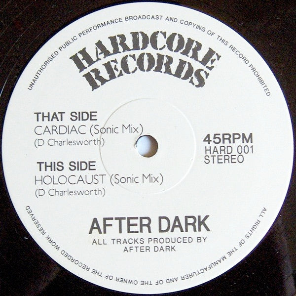 Image of Label Cover of 12" - G+/G - AFTER DARK, Holocaust (Sonic Mix) / Cardiac (Sonic Mix) (Hardcore Records; HARD 001, UK 1991, Company Sleeve), Strong G, some marks and plays G+/VG, - 2646105S