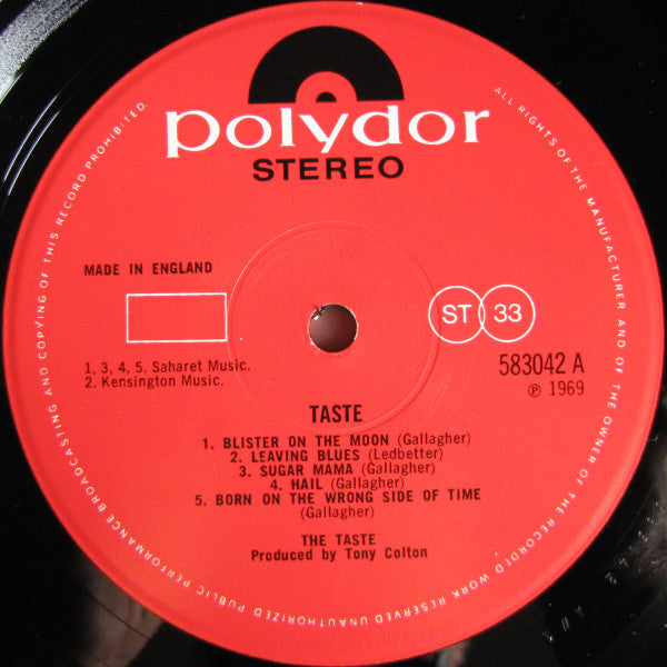 Image of Label Cover of LP - VG/G+ - TASTE, Taste (Polydor Red Label; 583 042, UK 1969, Fully Laminated Sleeve, Rory Gallagher, Stereo, Saharet Publishing), Lamination Wear, - 3046172S