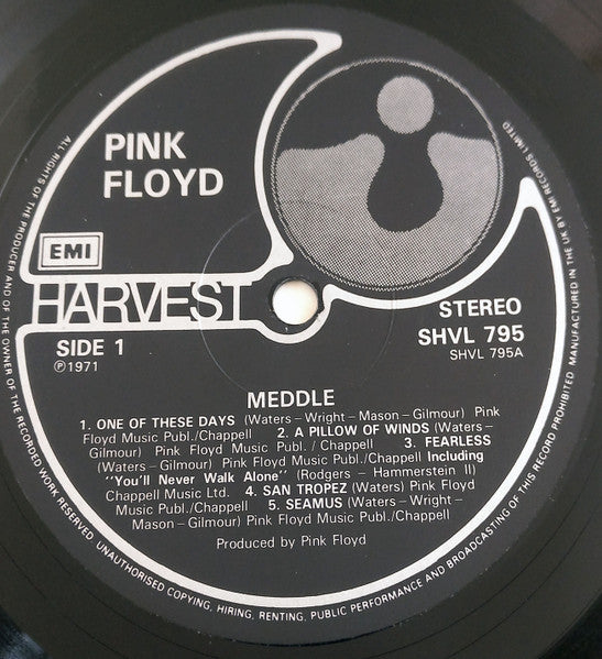 Image of Label Cover of 3515243C: LP - PINK FLOYD, Meddle (Harvest; SHVL 795, UK 1980s Reissue, Gatefold, Black Harvest labels) Sleeve has just a few small dents to front, Otherwise VG+, Promo sticker on back VG/VG+