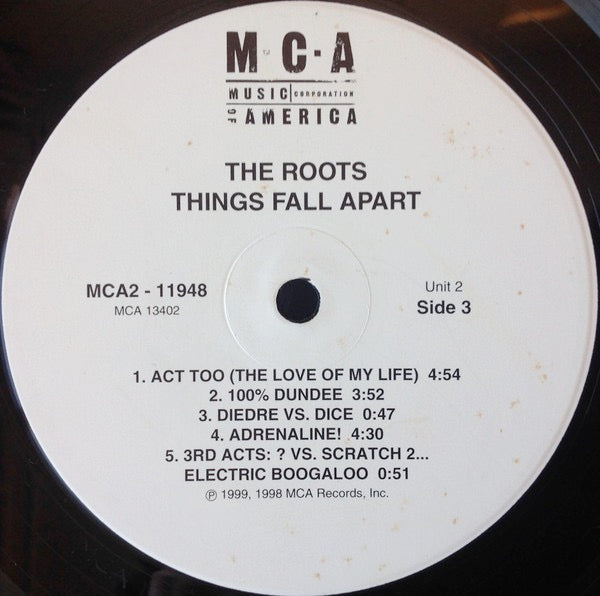 Image of Label Cover of 2xLP - VG/VG - THE ROOTS, Things Fall Apart (MCA Records ; MCA2-11948, US 1999, Stickered Plain Sleeve, 1cm pressing ring), Light hairlines. Ringwear., - 3826049E