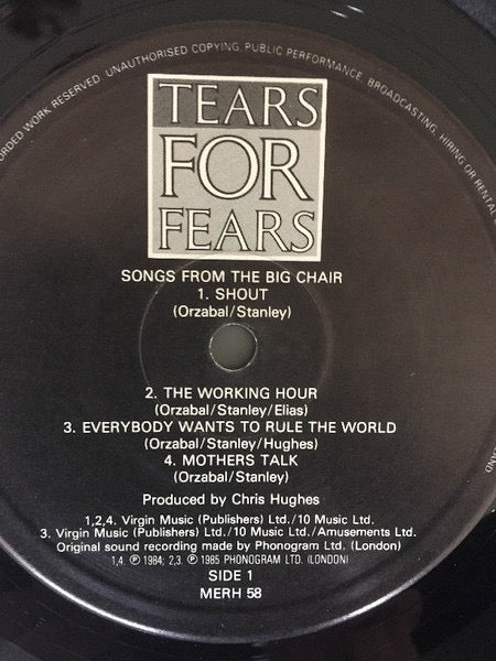 Image of Label Cover of LP - VG/VG - TEARS FOR FEARS, Songs From The Big Chair (Mercury; MERH 58, UK 1985, Inner, Side 2 label only track 1 is printed above spindle hole), Light marks, edge wear, - 3446168S