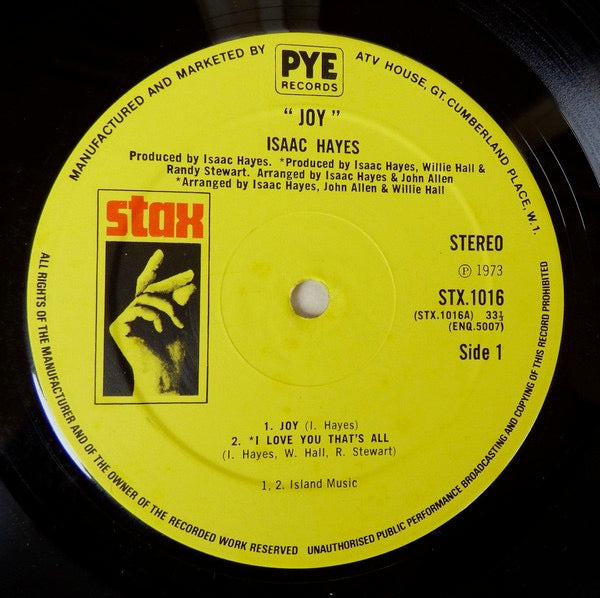 Image of Label Cover of LP - VG/VG - ISAAC HAYES, Joy (Stax; STX 1016, UK 1974 Reissue), , - 3626198E