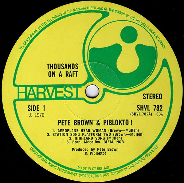 Image of Label Cover of LP - VG/VG+ - PETE BROWN & PIBLOKTO!, Thousands On A Raft (Harvest ; SHVL 782, UK 1970, Laminated Gatefold Sleeve, Company Inner), Small Hairline On the Last Track, Doesn't Affect Play, - 1346239S