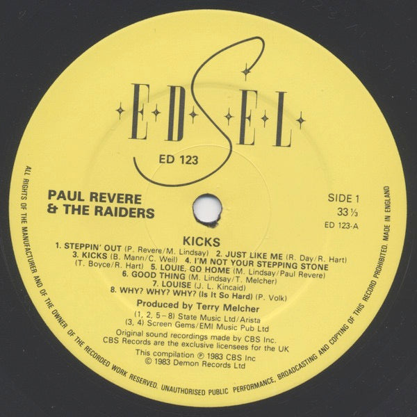 Image of Label Cover of LP - VG+/VG+ - PAUL REVERE & THE RAIDERS, Kicks (Edsel Records; ED 123, UK 1983, 2 Inserts), , - 1216181C