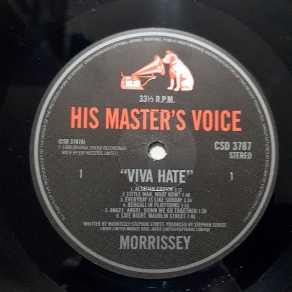 Image of Label Cover of LP - VG/VG - MORRISSEY, Viva Hate (His Master's Voice; CSD 3787, UK 1988, Inner, No "EDUCATION IN REVERSE" In Runouts), Small promo sticker on rear., - 2816319C