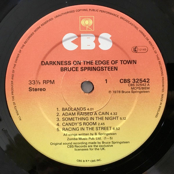 Image of Label Cover of LP - VG+/VG - BRUCE SPRINGSTEEN, Darkness On The Edge Of Town (CBS Orange/Yellow; CBS 32542, UK 1978, Inner, No Insert, 33rpm on left of Label, CBS at Bottom of Label), , - 2826379E