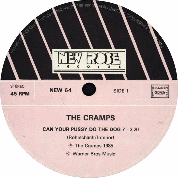 Image of Label Cover of 12" - VG/VG - THE CRAMPS, Can Your Pussy Do The Dog? (New Rose Records; NEW 64, France 1985, Stereo), Hairlines all over disc. Small tear to bottom edge, light edge wear. , - 2026259E