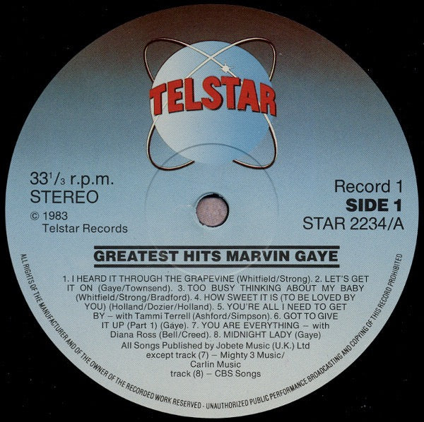 Image of Label Cover of LP - VG/VG - MARVIN GAYE, Greatest Hits (Telstar; STAR 2234, UK 1983), , - 2326051E