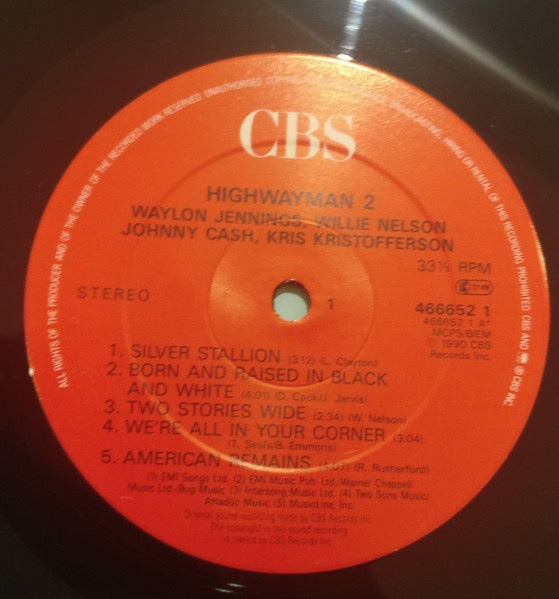 Image of Label Cover of LP - G+/G+ - WAYLON JENNINGS, WILLIE NELSON, JOHNNY CASH, KRIS KRISTOFFERSON, Highwayman 2 (CBS; 466652 1, UK 1990), Sleeve intact but worn, gold promo stamped. Plays with background noise on the run-ins/quiet bits., - 3016217C